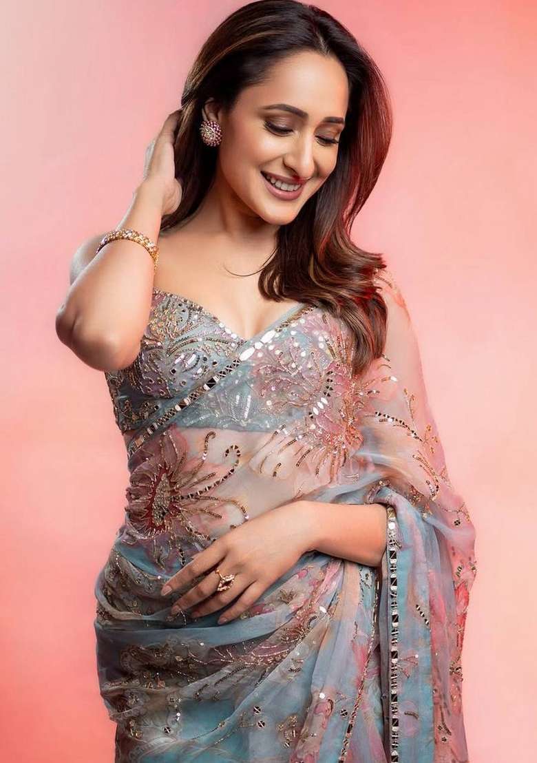 Sky Blue Embroidered Georgette Saree Set - Indya
