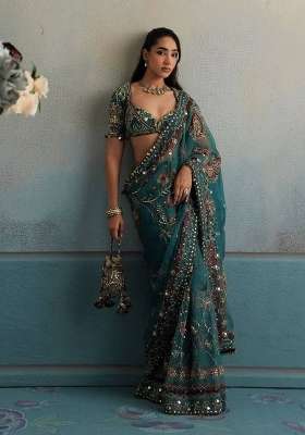 Rama Embroidered Georgette Saree Set