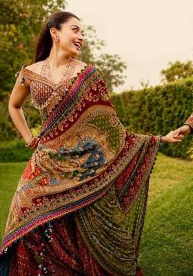 Multicolor Embroidered Satin Saree Set