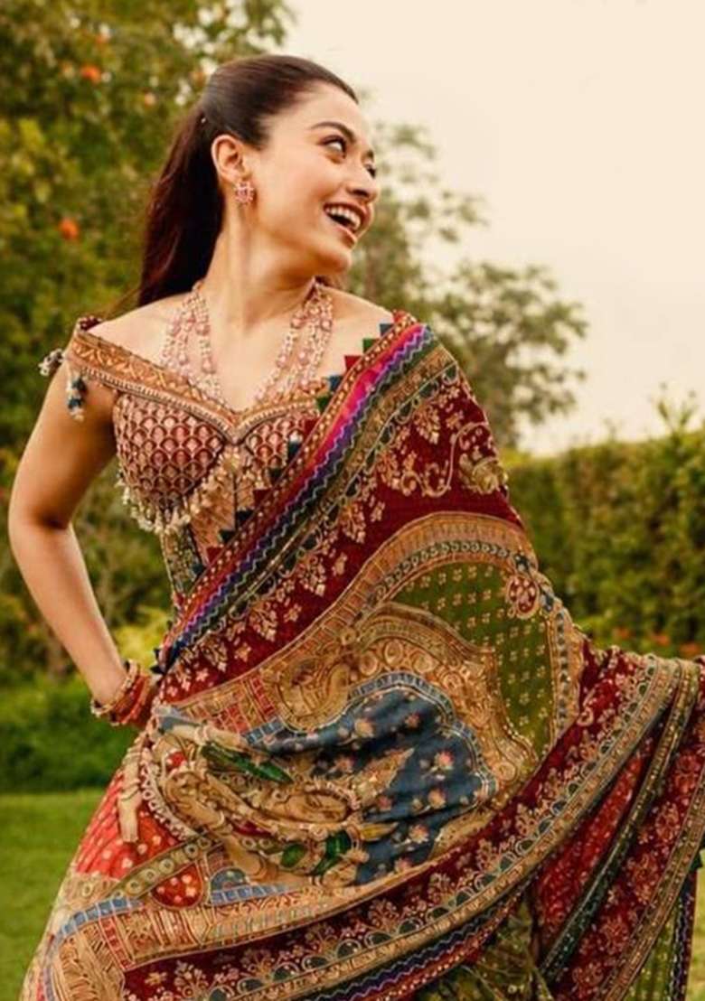 Multicolor Embroidered Satin Saree Set - Indya