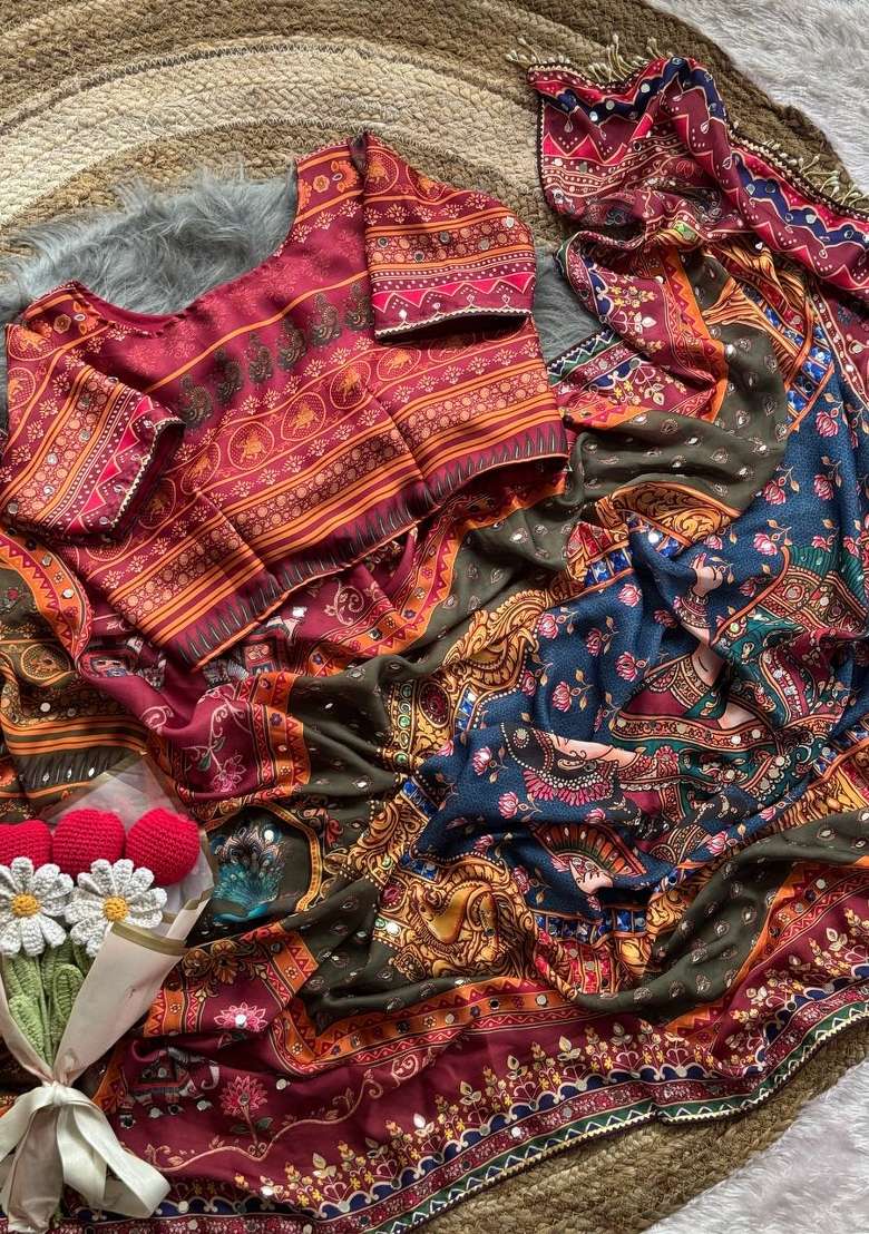 Multicolor Embroidered Satin Saree Set - Indya