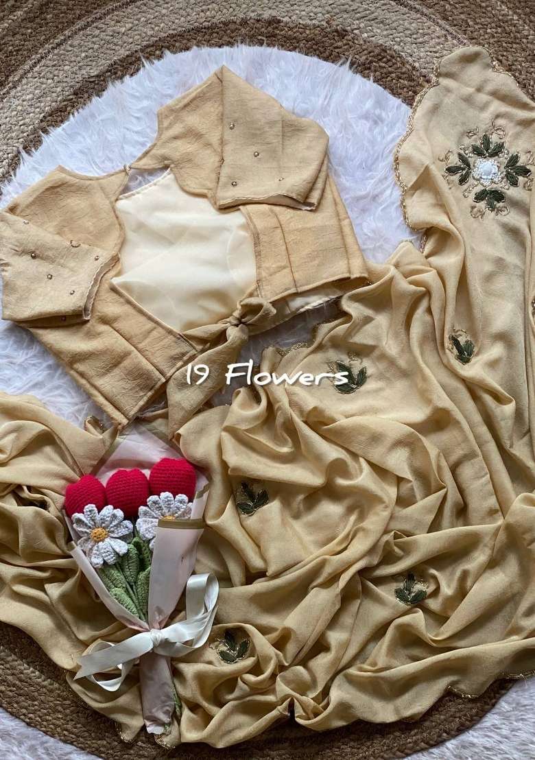 Cream Embroidered Chiffon Saree Set - Indya