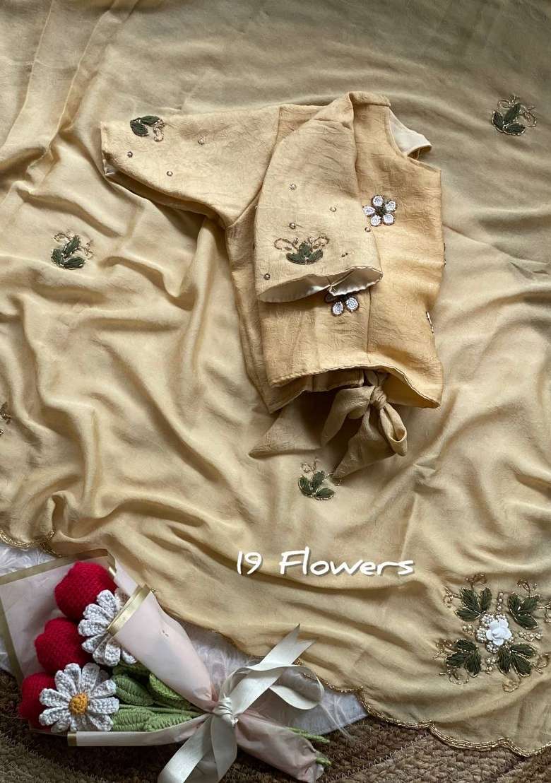 Cream Embroidered Chiffon Saree Set - Indya