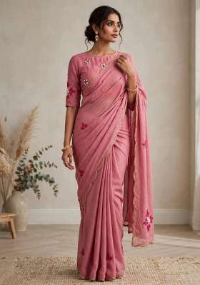 Peach Embroidered Chiffon Saree Set