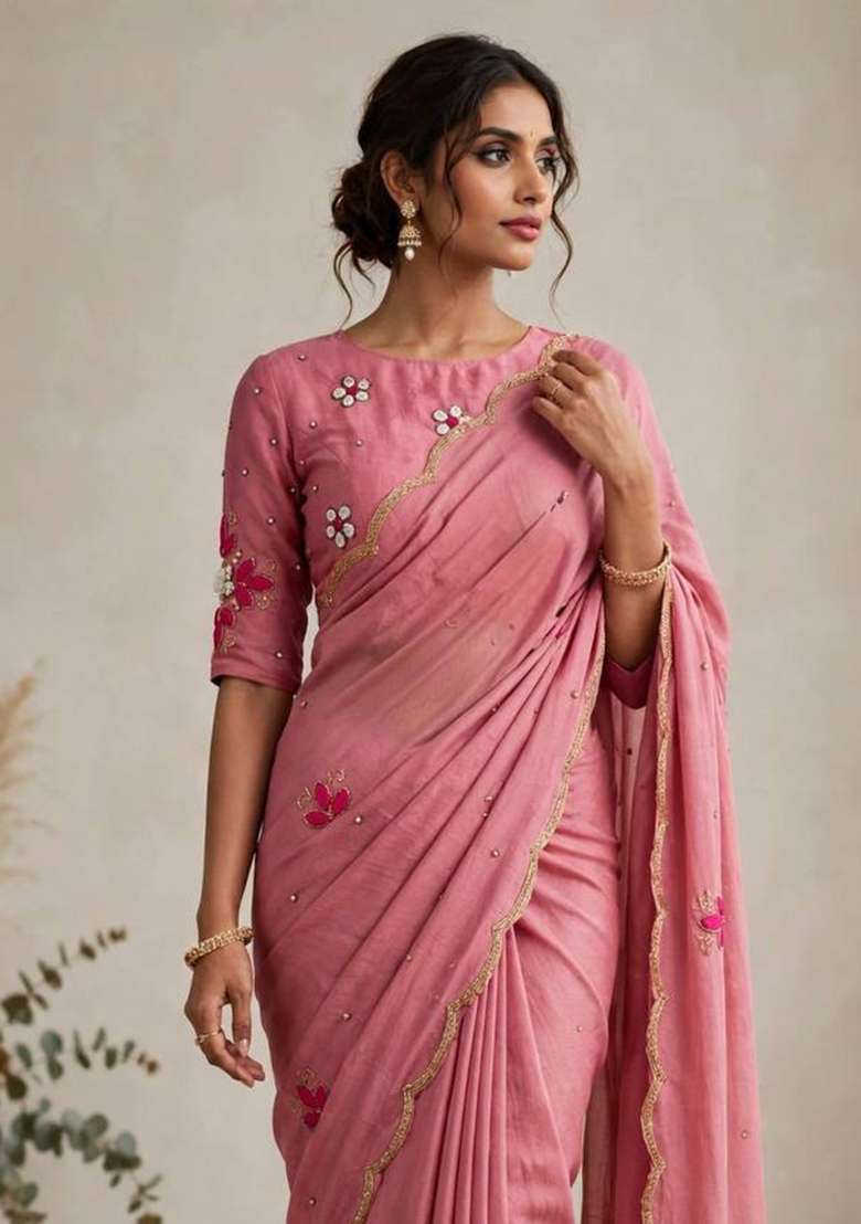 Peach Embroidered Chiffon Saree Set - Indya