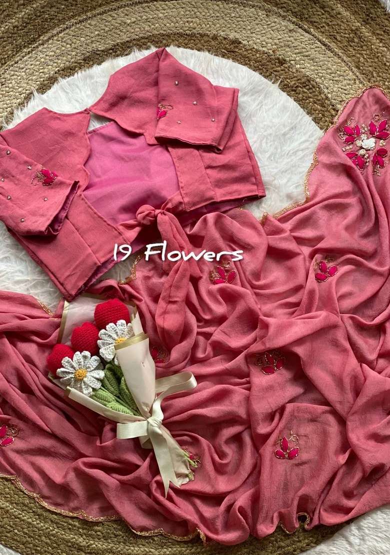 Peach Embroidered Chiffon Saree Set - Indya