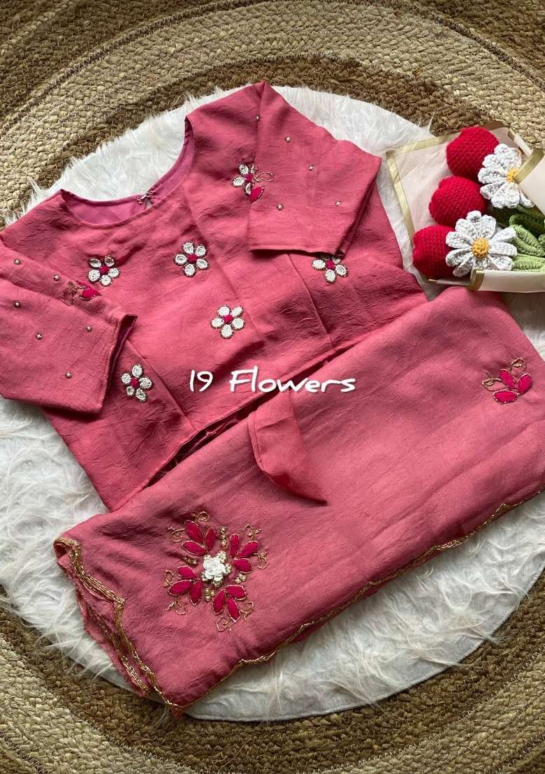 Peach Embroidered Chiffon Saree Set - Indya