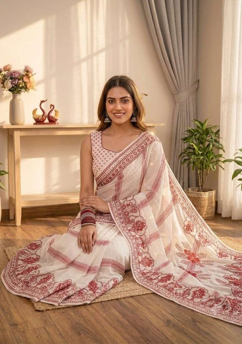 White Embroidered Georgette Saree Set - Indya