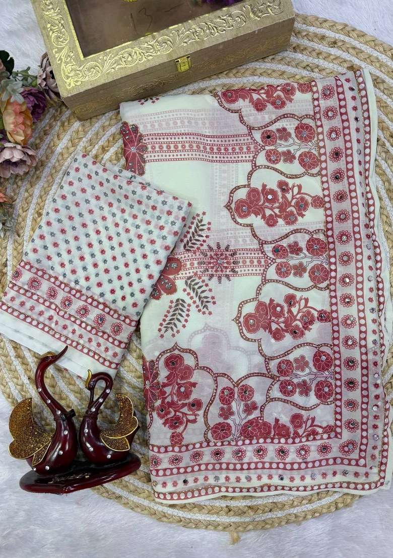 White Embroidered Georgette Saree Set - Indya