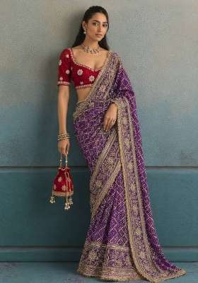Purple Embroidered Chinon Saree Set