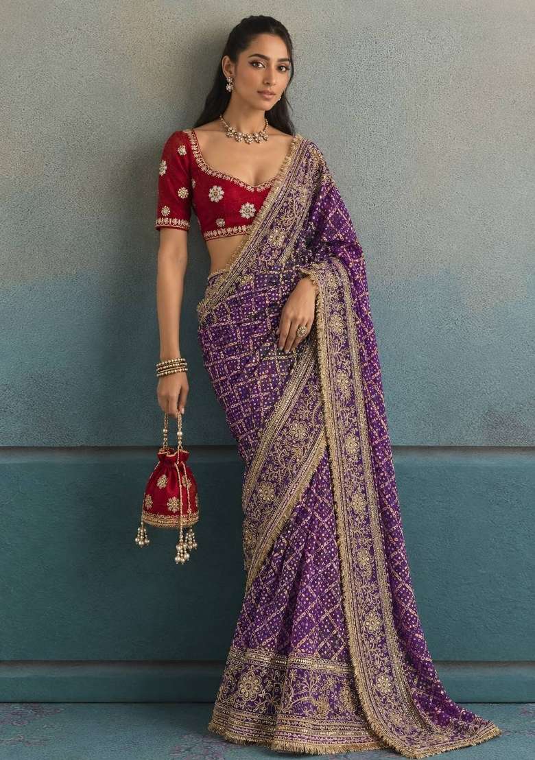 Purple Embroidered Chinon Saree Set - Indya