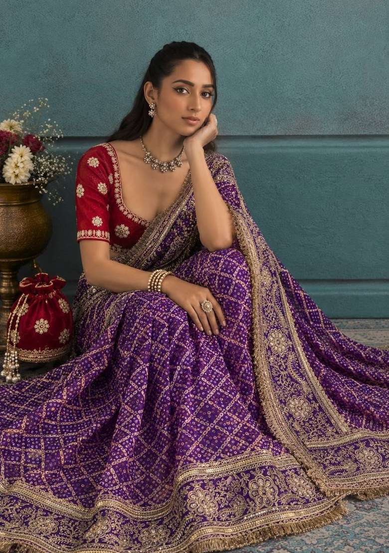 Purple Embroidered Chinon Saree Set - Indya