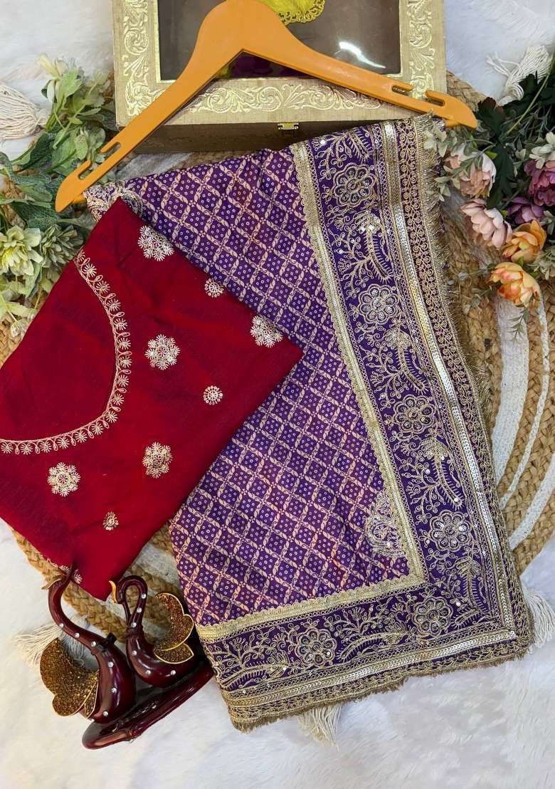 Purple Embroidered Chinon Saree Set - Indya