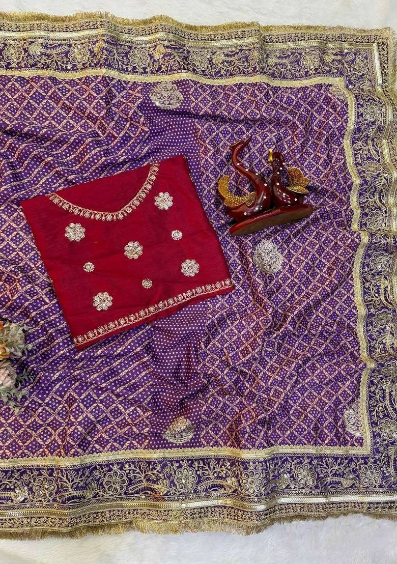 Purple Embroidered Chinon Saree Set - Indya
