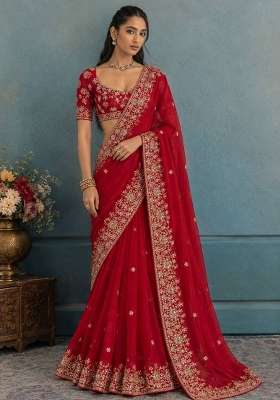Red Embroidered Rangoli Saree Set