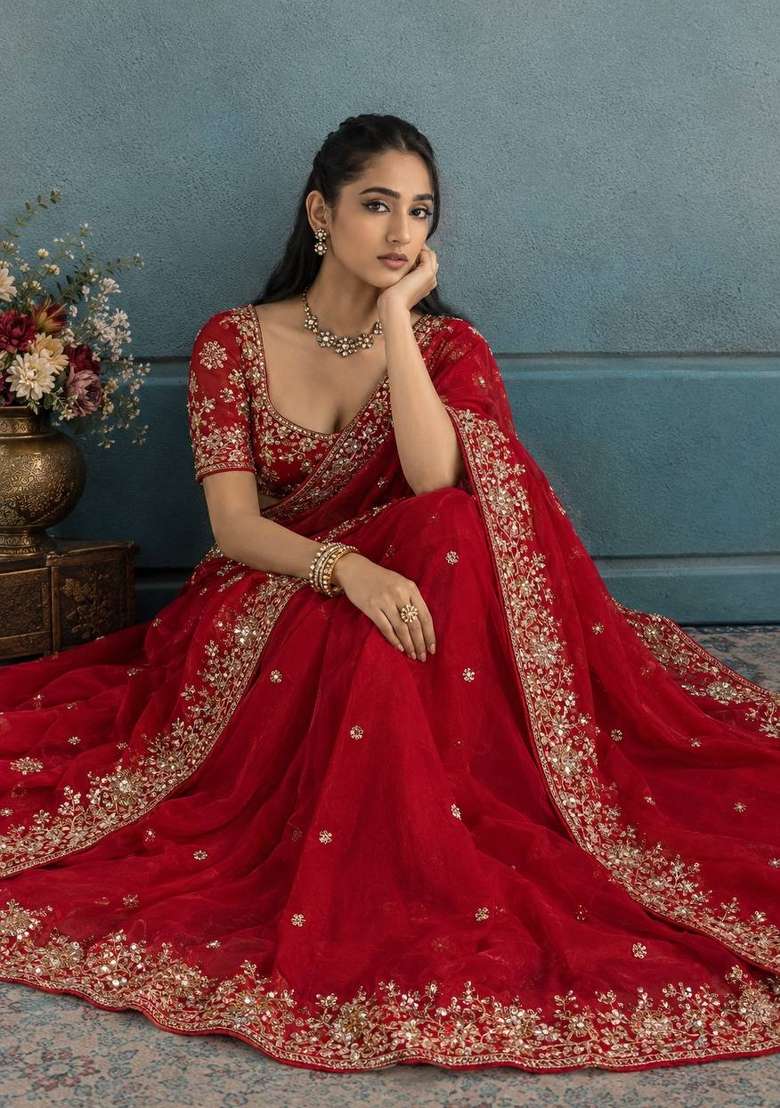 Red Embroidered Rangoli Saree Set - Indya