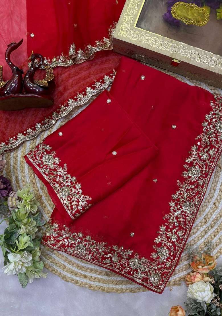Red Embroidered Rangoli Saree Set - Indya
