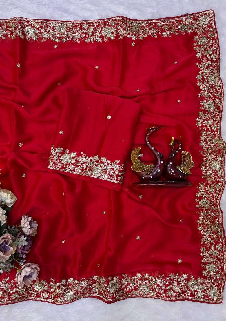 Red Embroidered Rangoli Saree Set - Indya