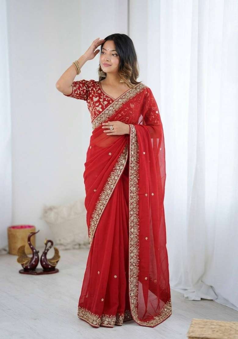 Red Embroidered Rangoli Saree Set - Indya