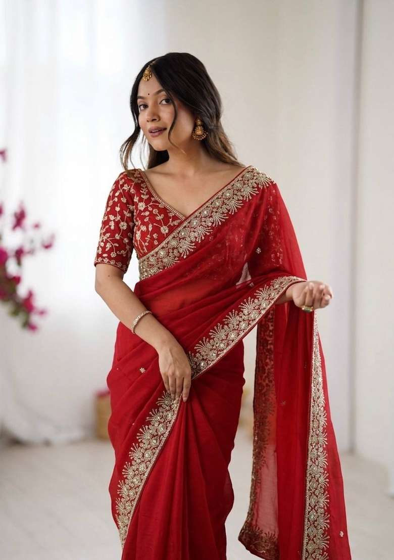 Red Embroidered Rangoli Saree Set - Indya