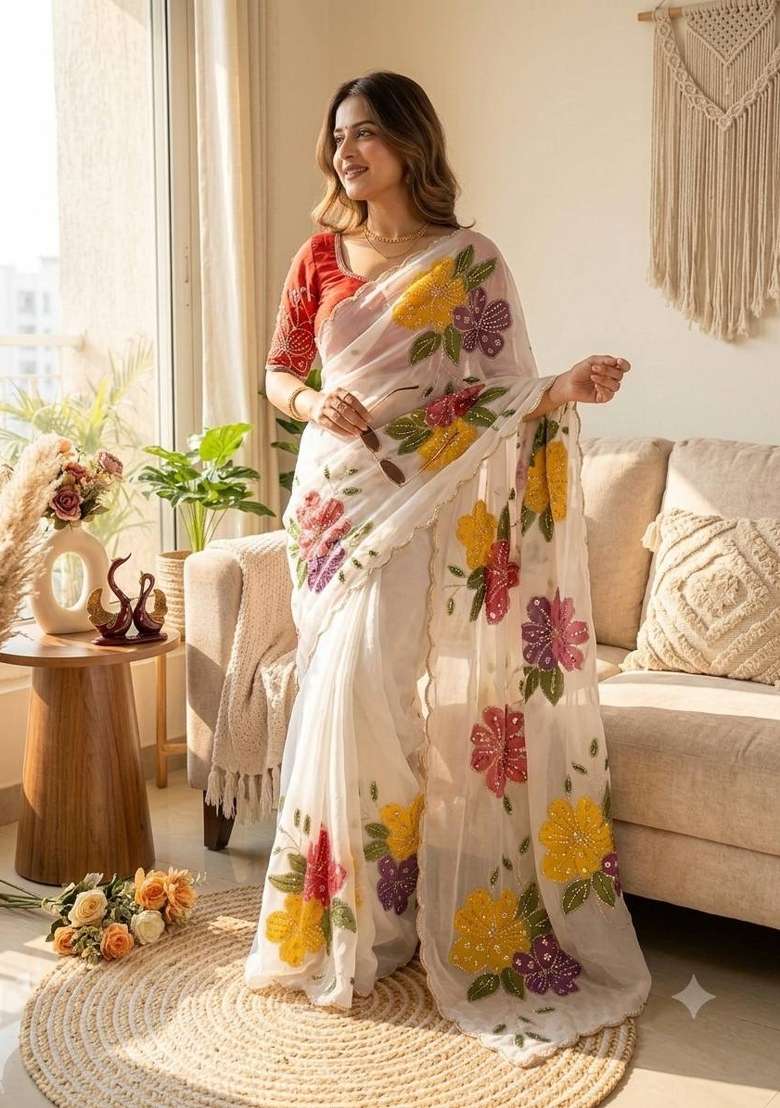 White Embroidered Tebby Silk Saree Set - Indya
