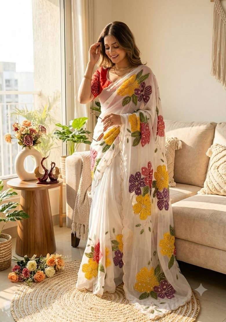 White Embroidered Tebby Silk Saree Set - Indya