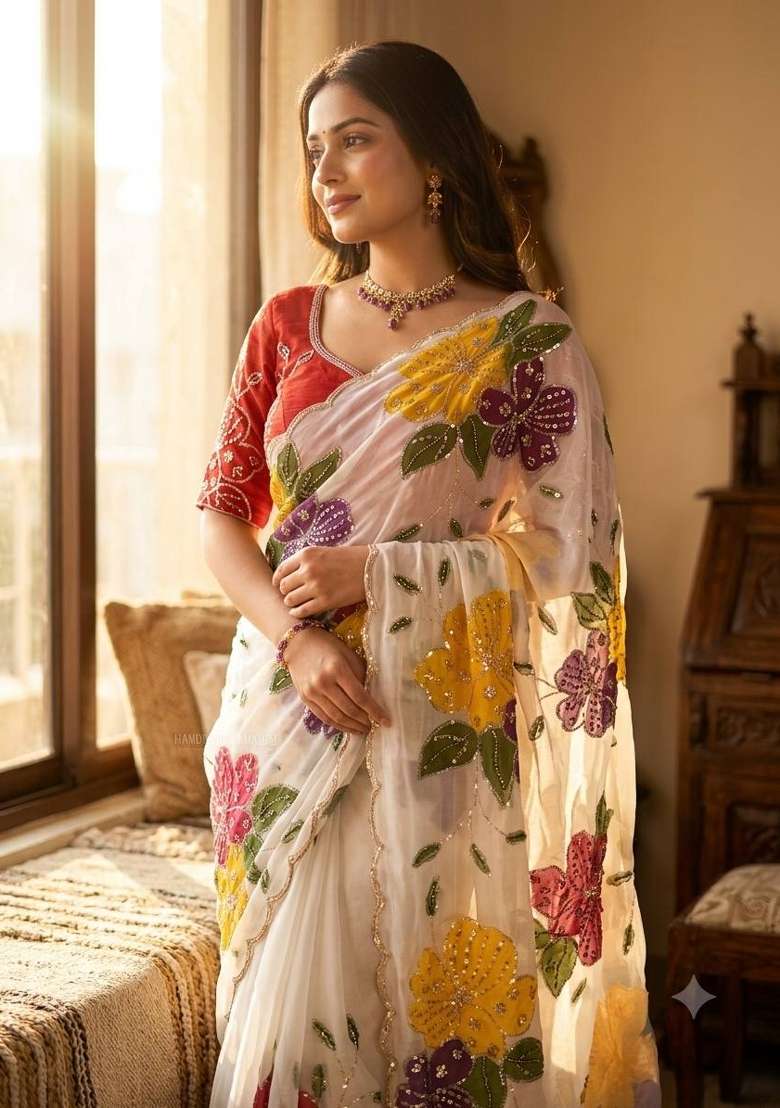 White Embroidered Tebby Silk Saree Set - Indya