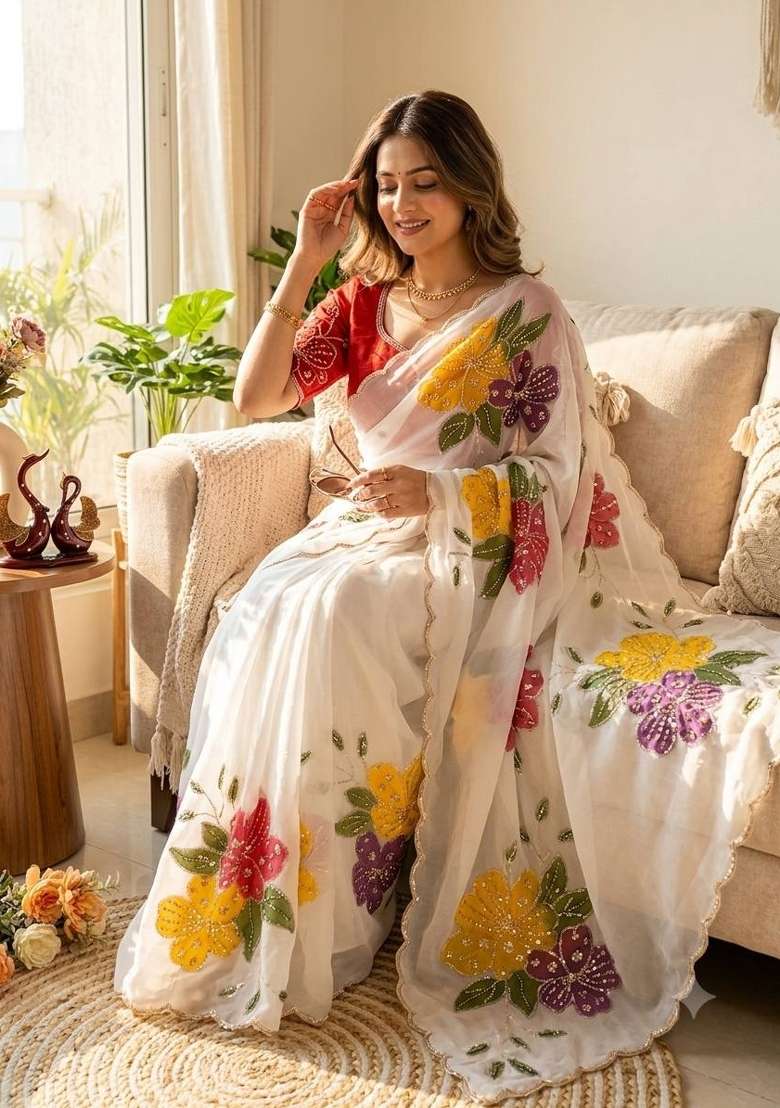 White Embroidered Tebby Silk Saree Set - Indya