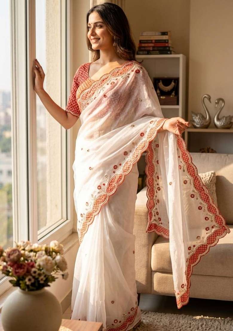 White Embroidered Moss Saree Set - Indya