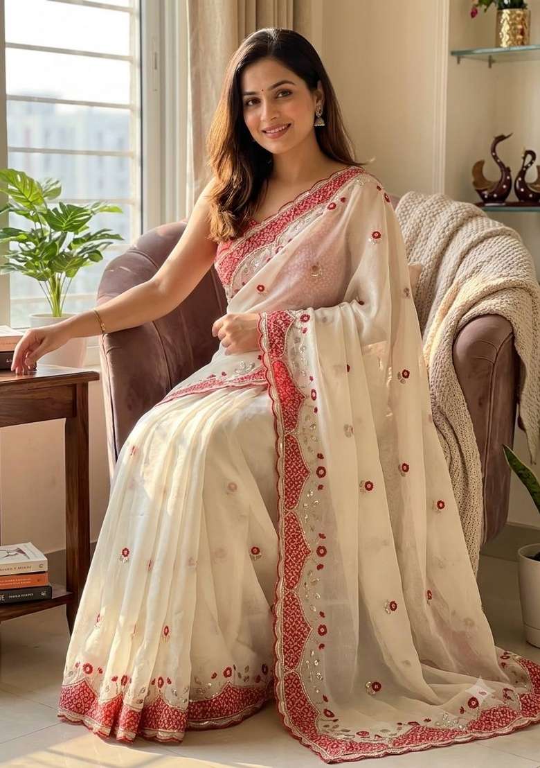 White Embroidered Moss Saree Set - Indya
