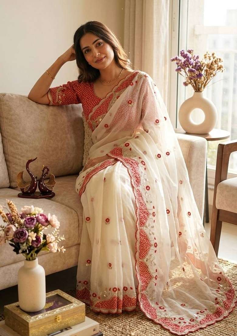 White Embroidered Moss Saree Set - Indya