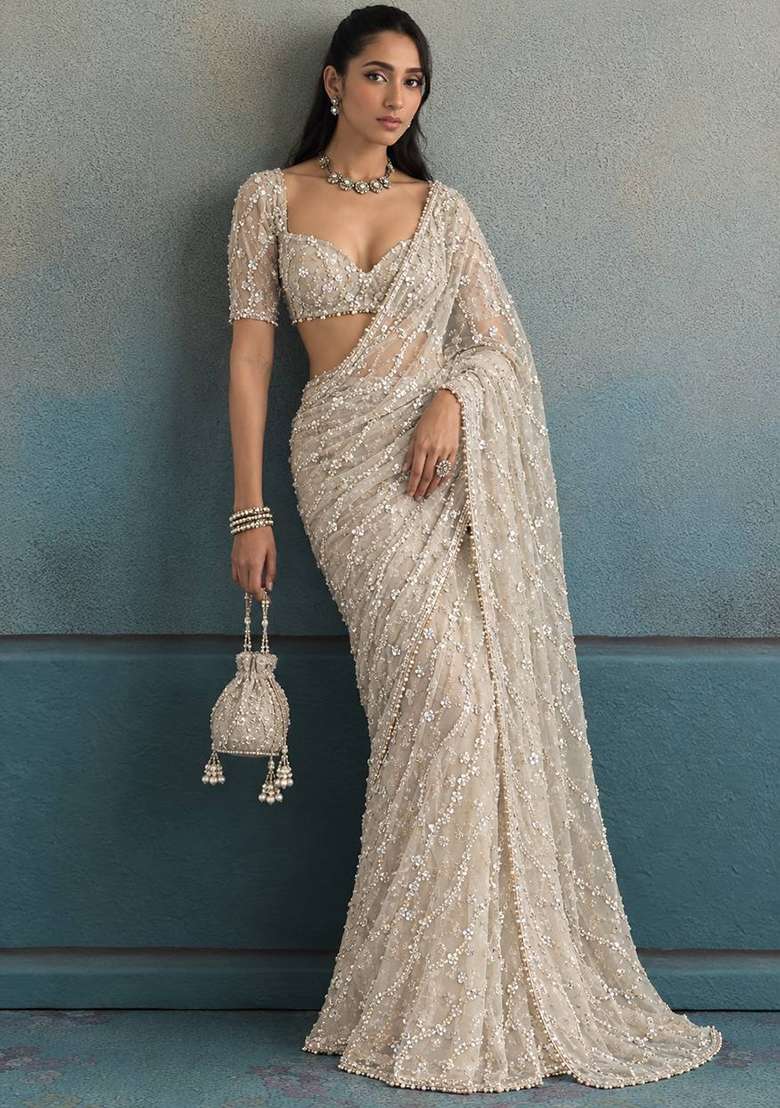 Golden Embroidered Moss Saree Set - Indya