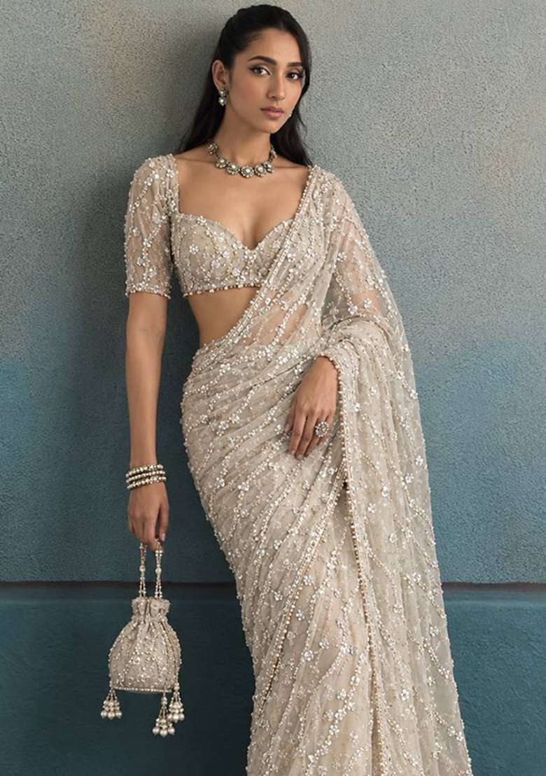 Golden Embroidered Moss Saree Set - Indya