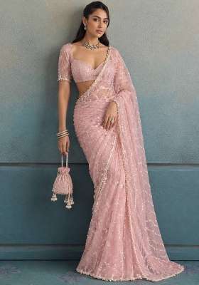 Peach Embroidered Moss Saree Set