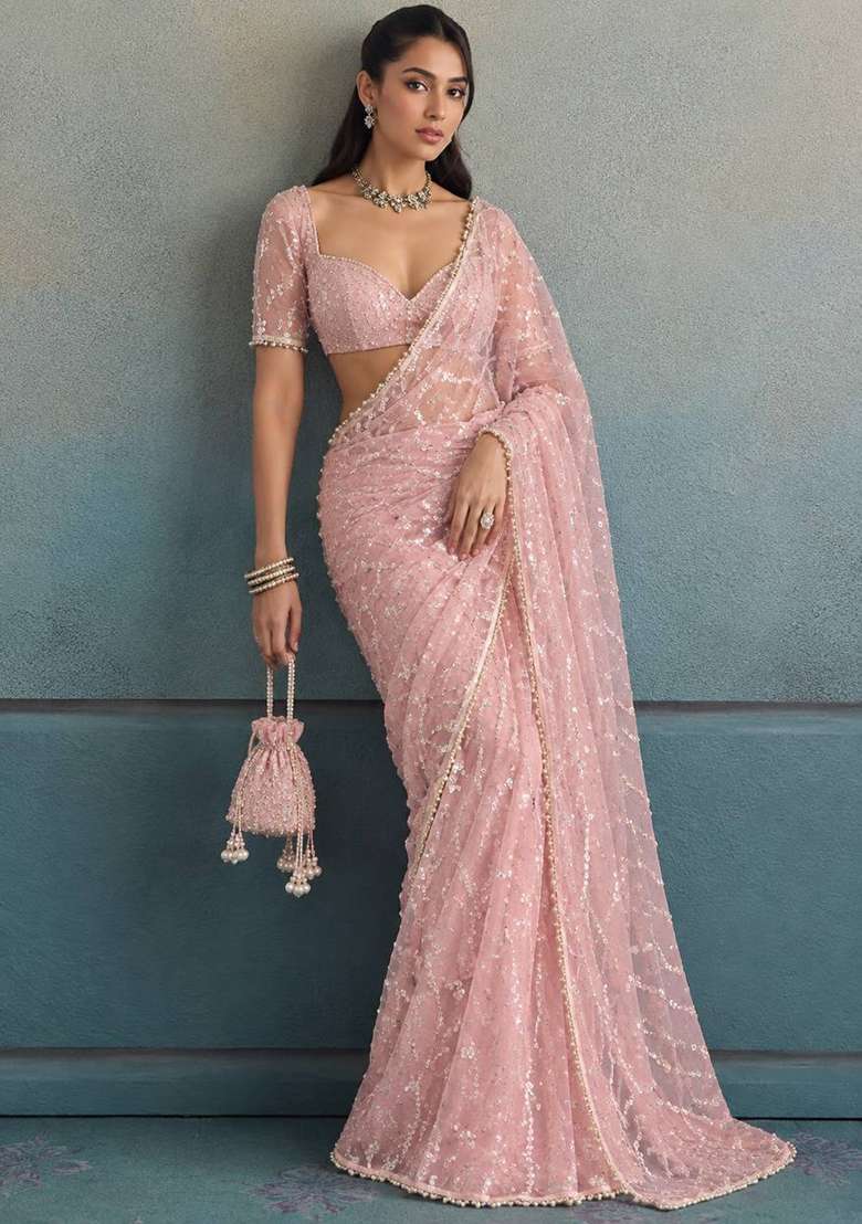 Peach Embroidered Moss Saree Set - Indya