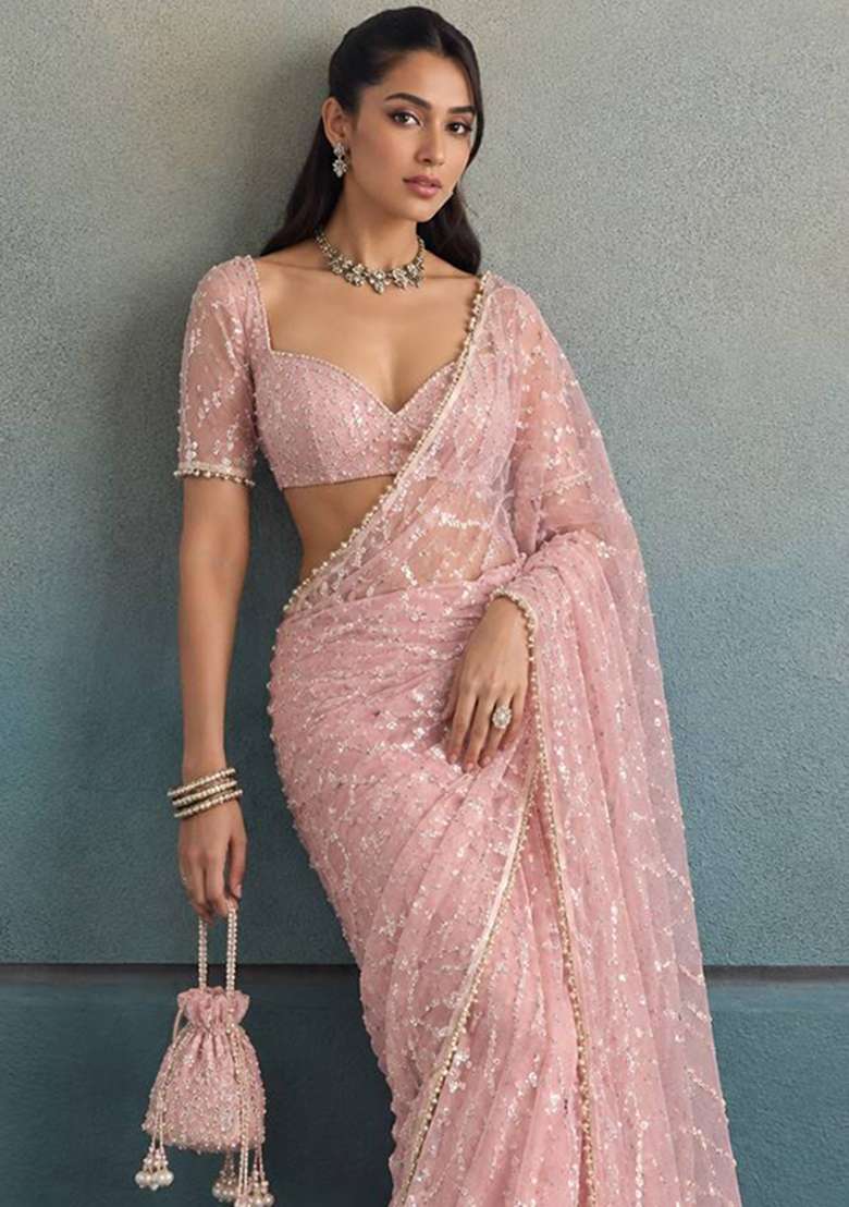 Peach Embroidered Moss Saree Set - Indya