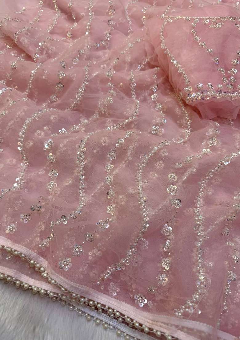 Peach Embroidered Moss Saree Set - Indya