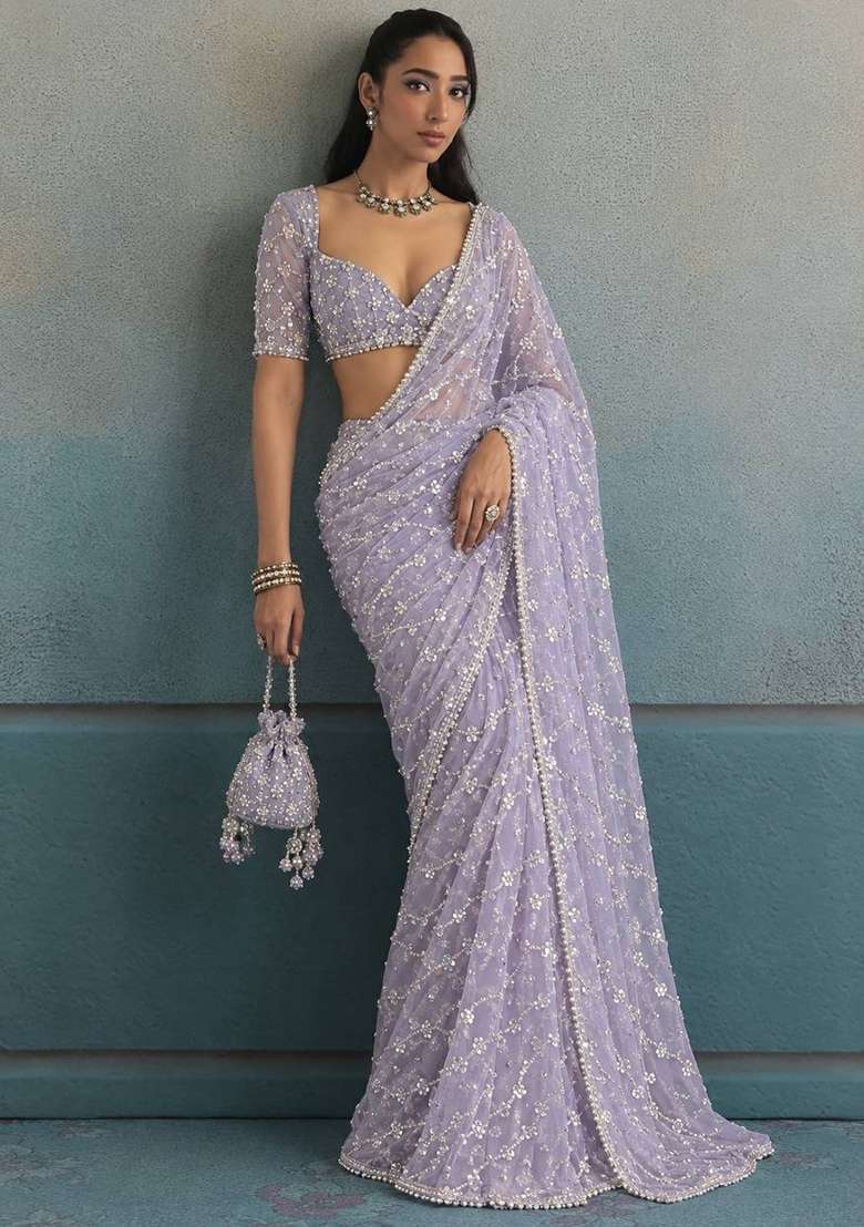 Purple Embroidered Moss Saree Set - Indya