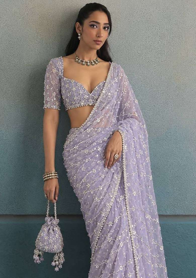Purple Embroidered Moss Saree Set - Indya