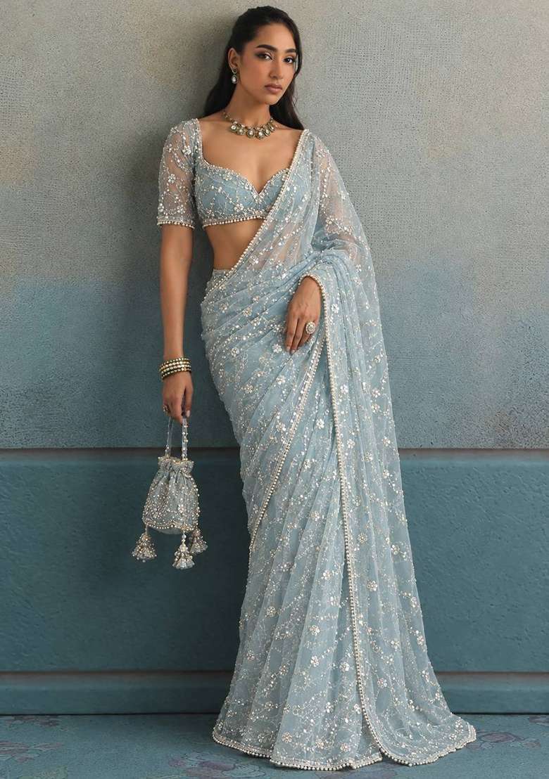 Sky Blue Embroidered Moss Saree Set - Indya