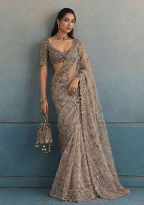 Golden Embroidered Net Saree Set