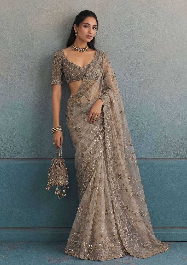 Golden Embroidered Net Saree Set - Indya