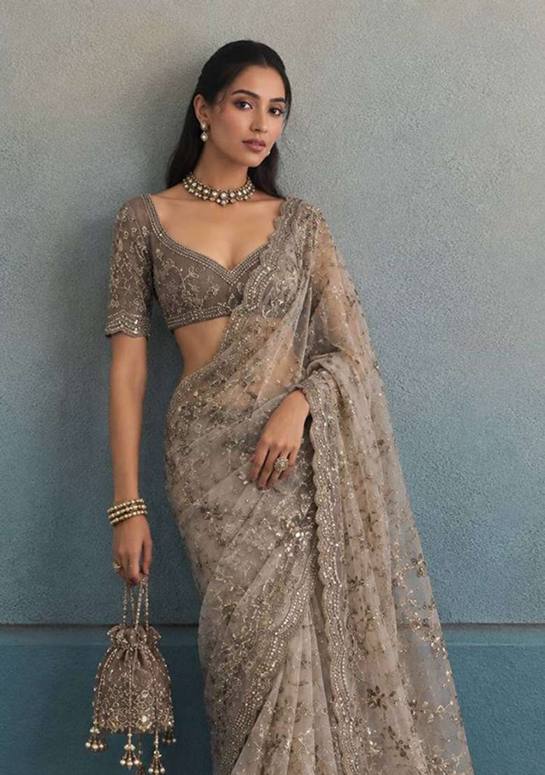 Golden Embroidered Net Saree Set - Indya