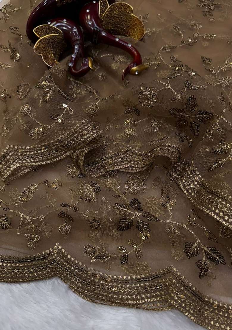 Golden Embroidered Net Saree Set - Indya