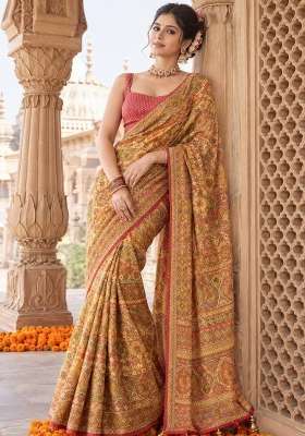Mustard Embroidered Silk Saree Set