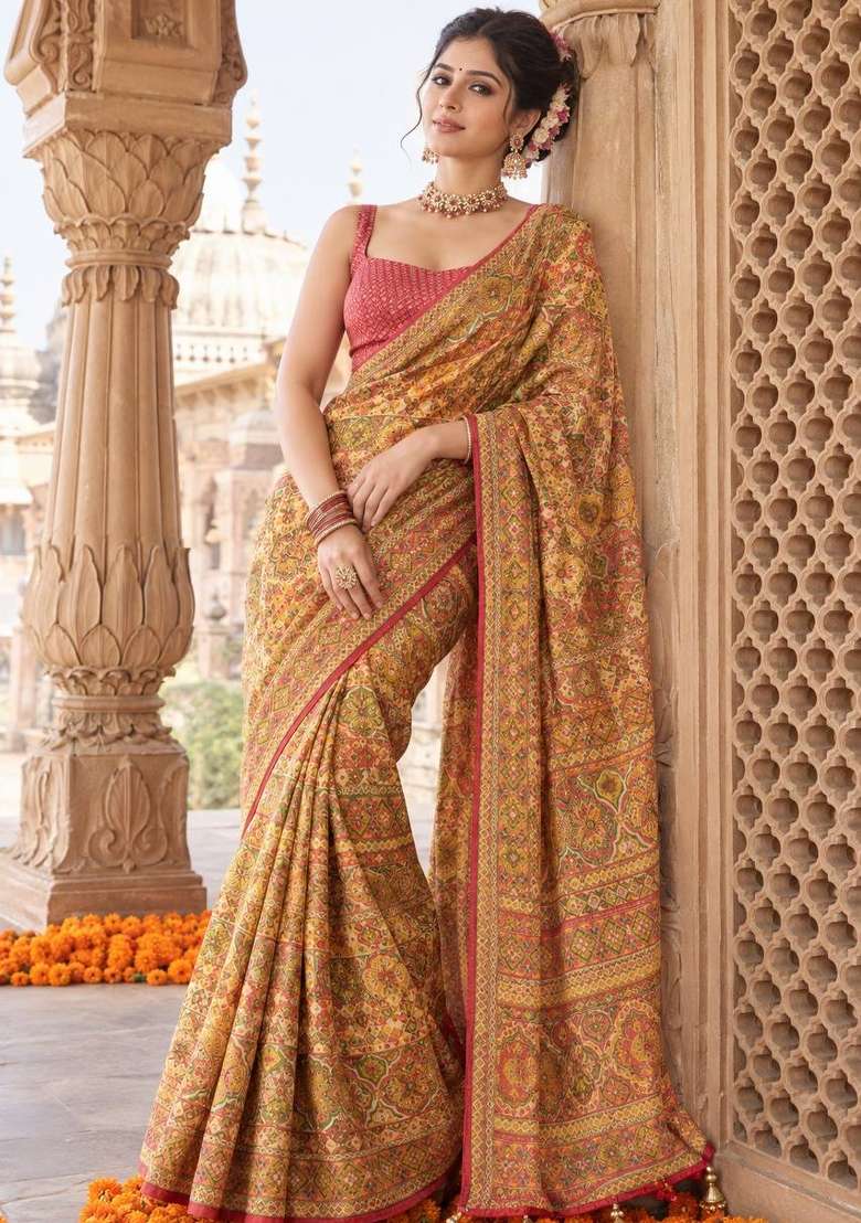 Mustard Embroidered Silk Saree Set - Indya