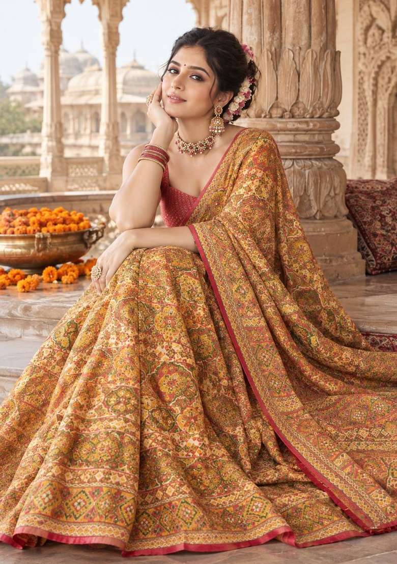 Mustard Embroidered Silk Saree Set - Indya