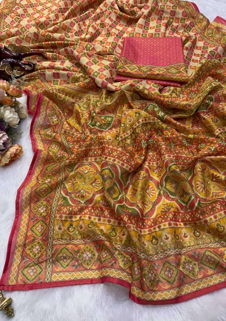 Mustard Embroidered Silk Saree Set - Indya