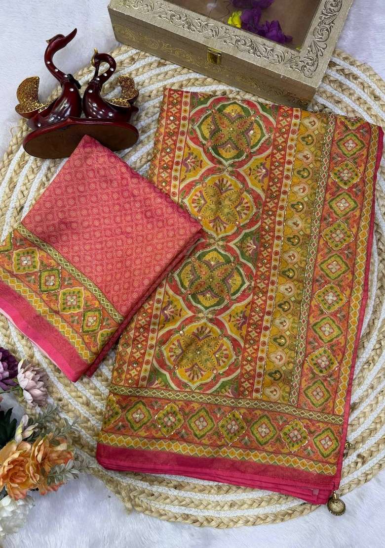 Mustard Embroidered Silk Saree Set - Indya
