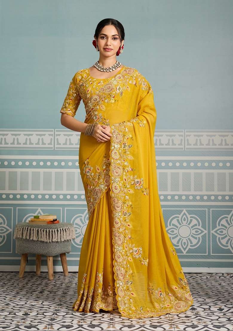 Yellow Embroidered Georgette Saree Set - Indya